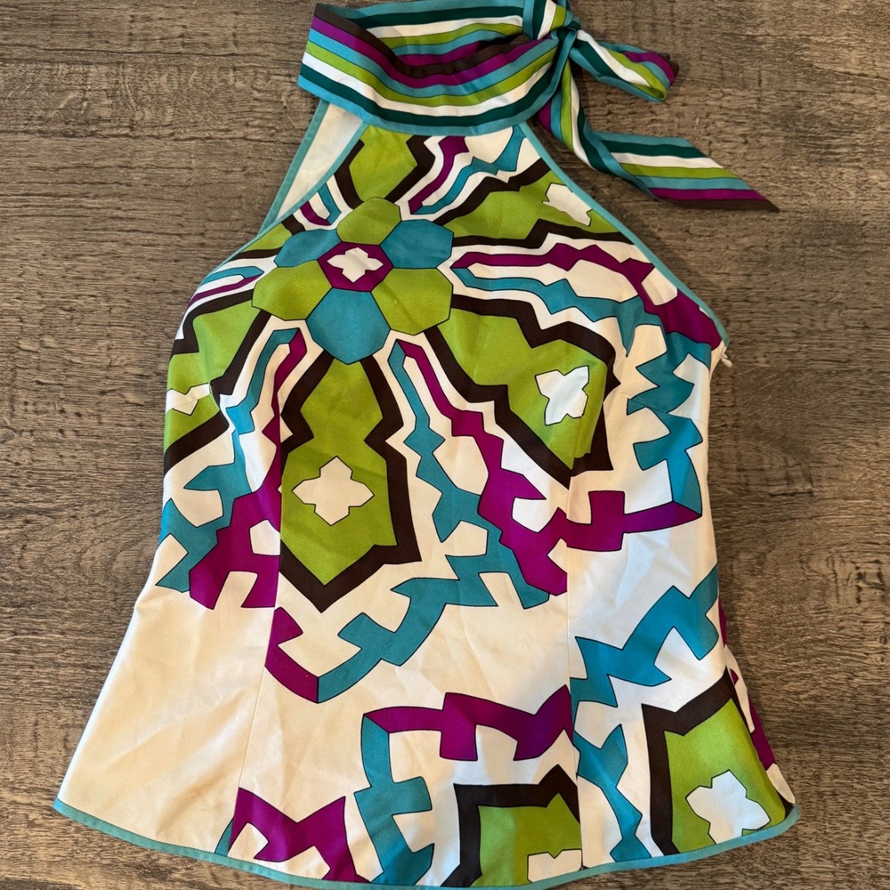Silk Y2K Geometric Halter Top Scarf Tie Retro Resort Size 4 by Per Se